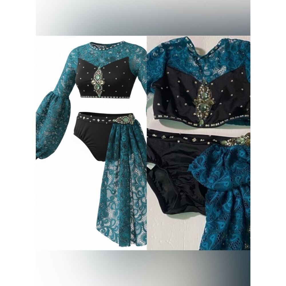 Reverence solo teal lace Custom poet Aladin dance costume long sleeve 2 piece YL